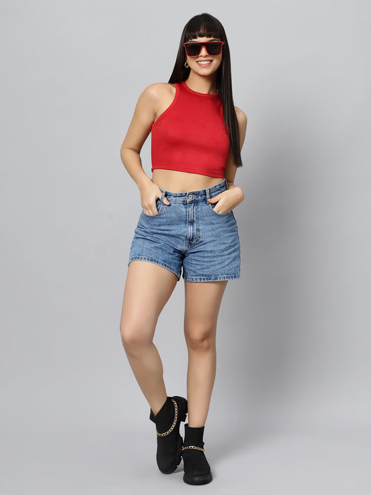 Red Mock Neck Rib-knit Crop Tank Top