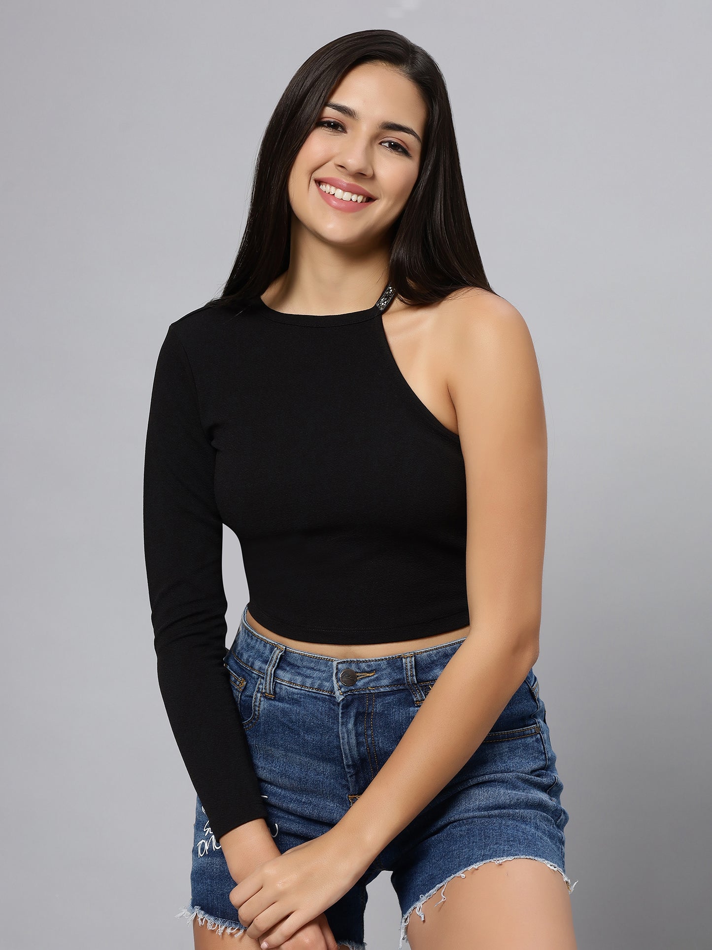 Black Cut Out One Long Sleeve Shoulder Crop Top