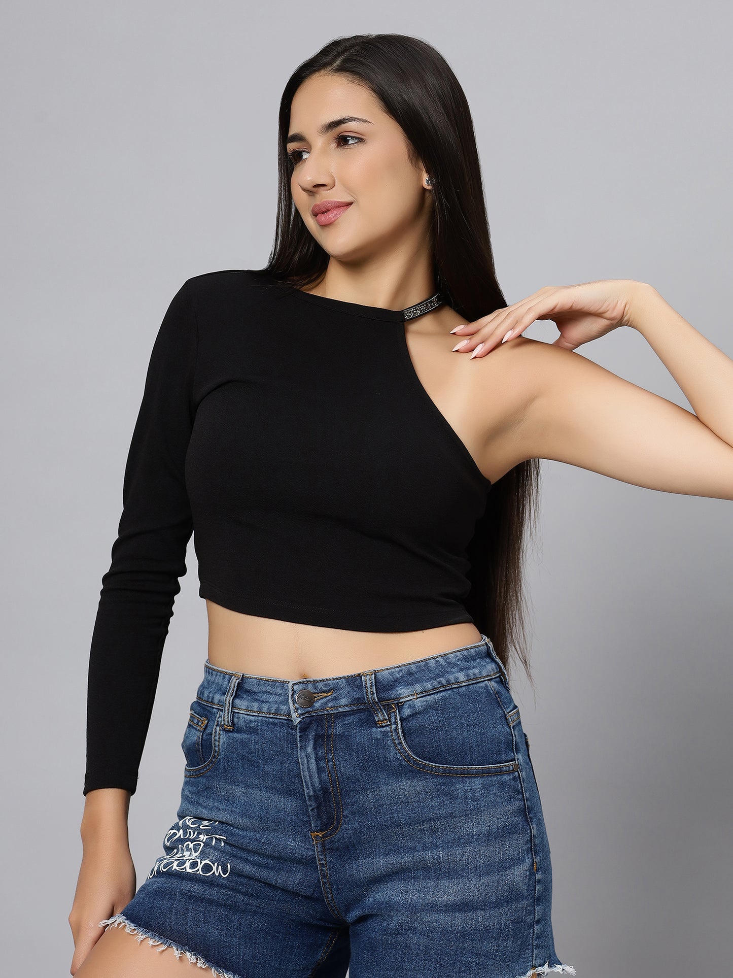 Black Cut Out One Long Sleeve Shoulder Crop Top