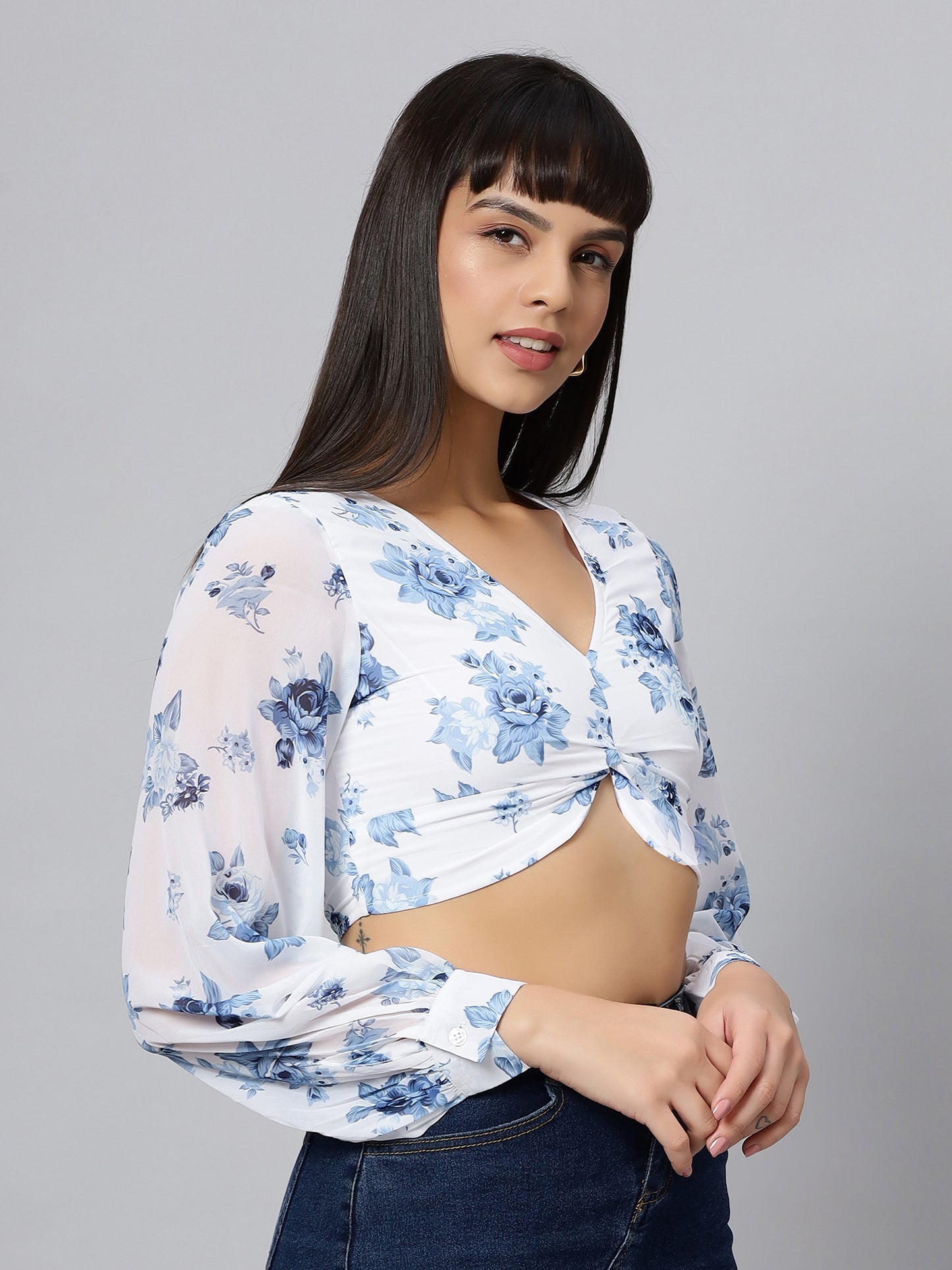 Floral Print White Full Sleeve Corest Style Crop Top