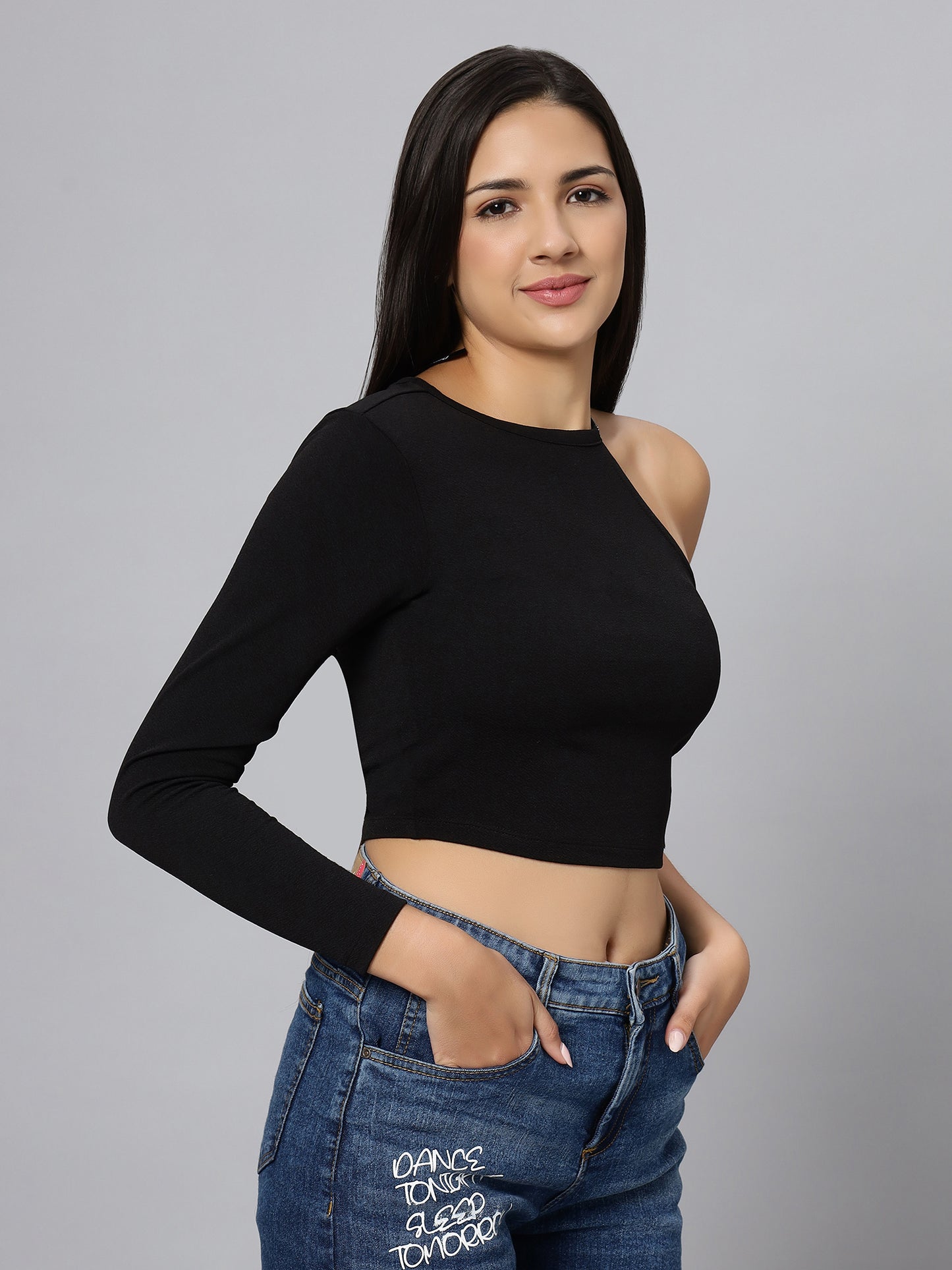 Black Cut Out One Long Sleeve Shoulder Crop Top