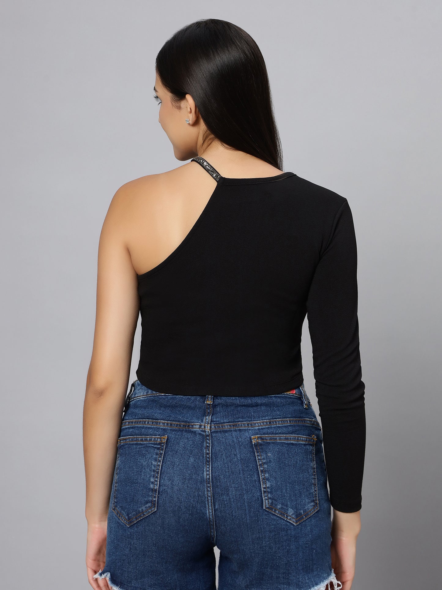 Black Cut Out One Long Sleeve Shoulder Crop Top