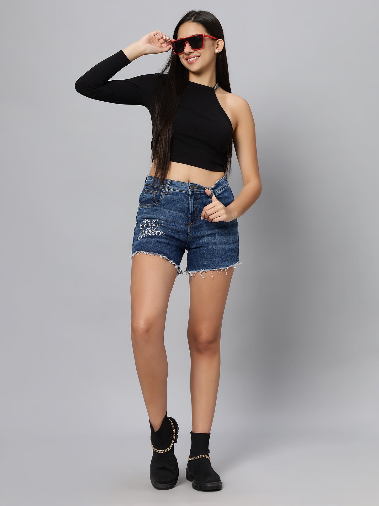 Black Cut Out One Long Sleeve Shoulder Crop Top