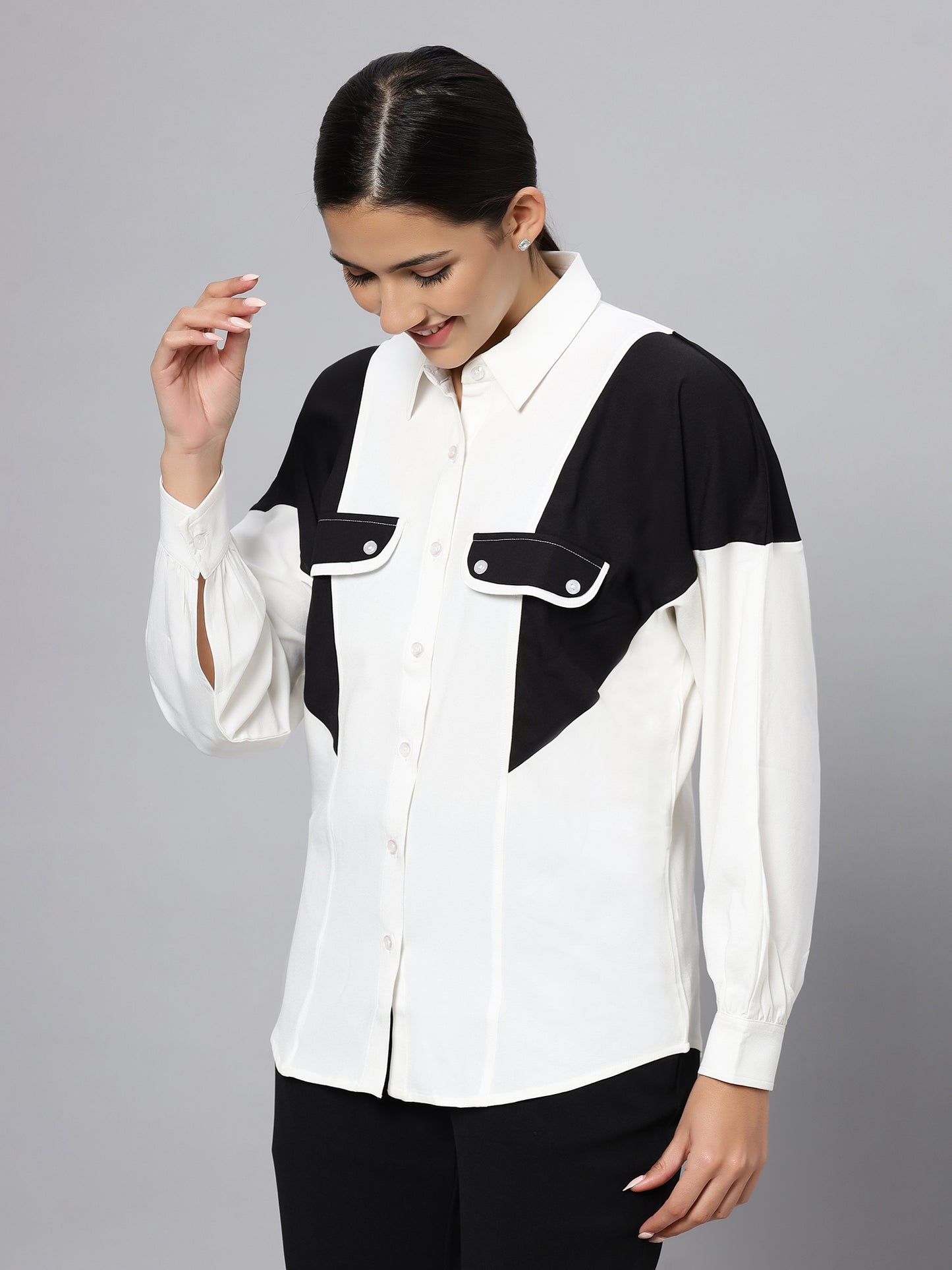 Black Color Block Dual Pocket Over Size Shirt