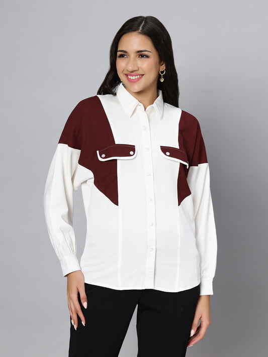 Maroon Color Block Dual Pocket Over Size Shirt