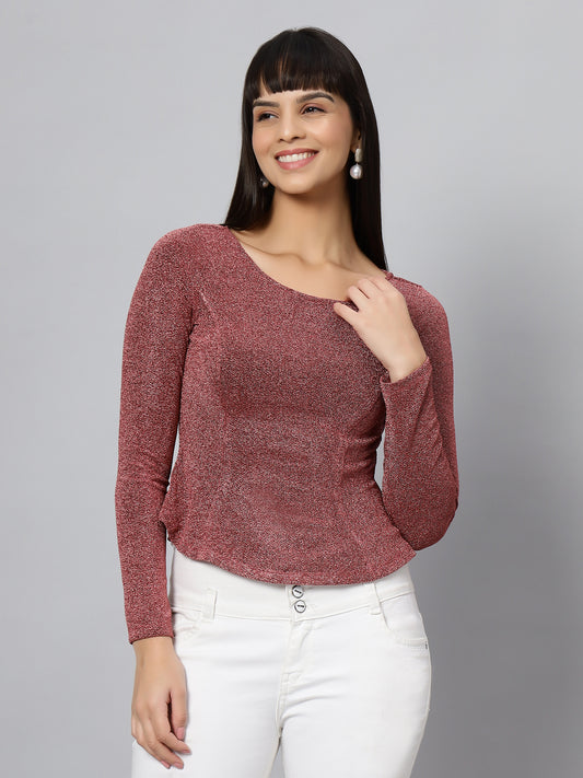 Maroon Lurex Full Sleeve Crop Top