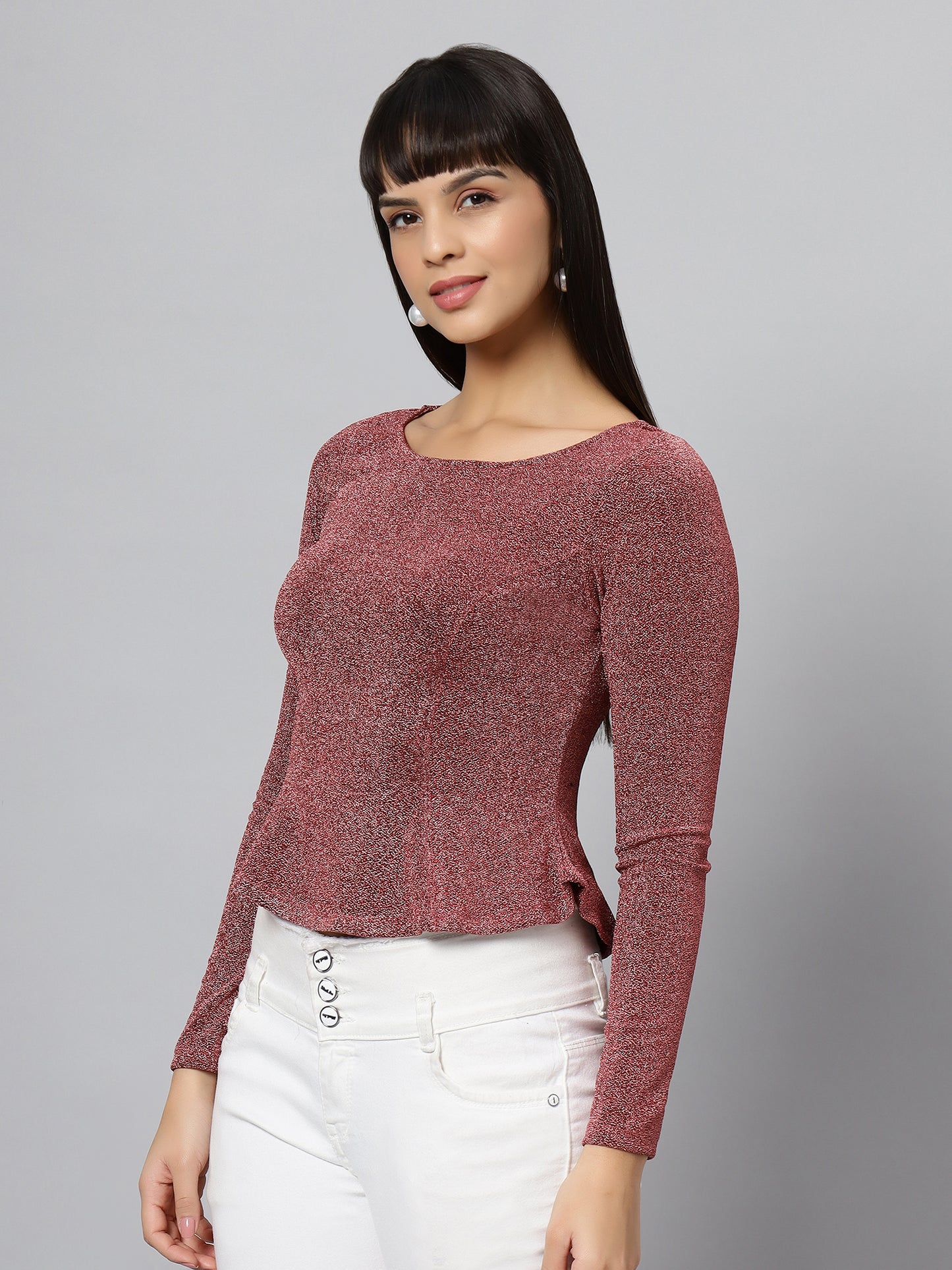 Maroon Lurex Full Sleeve Crop Top