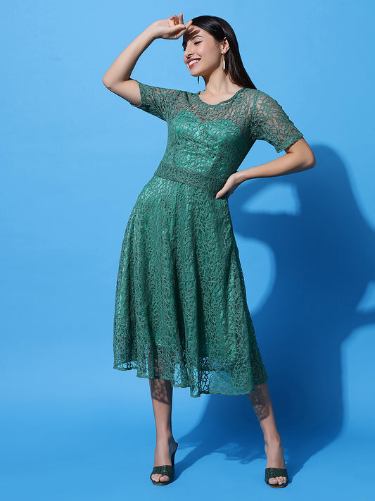 Green Lace Tea Length Party Dress