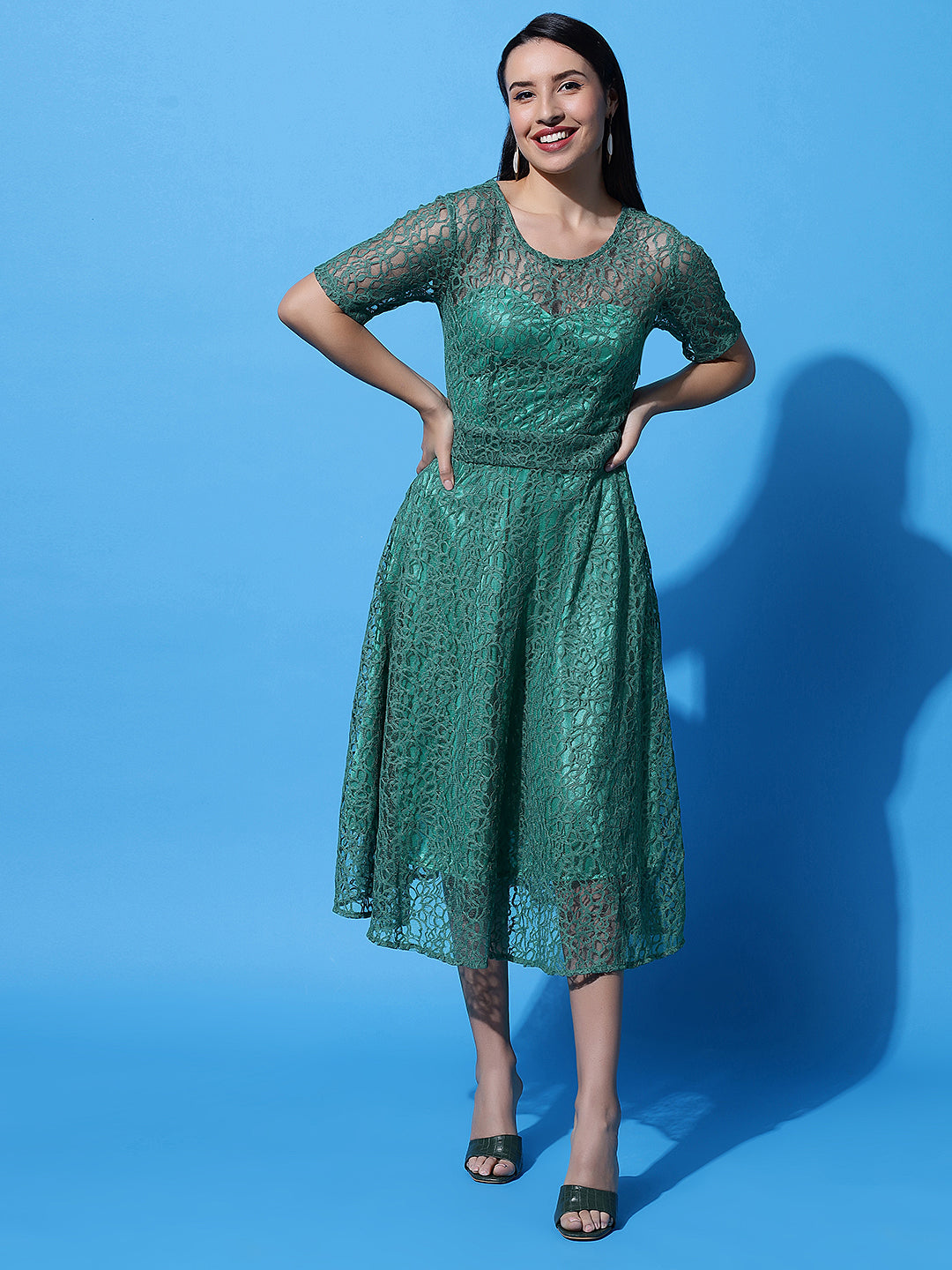 Green Lace Tea Length Party Dress