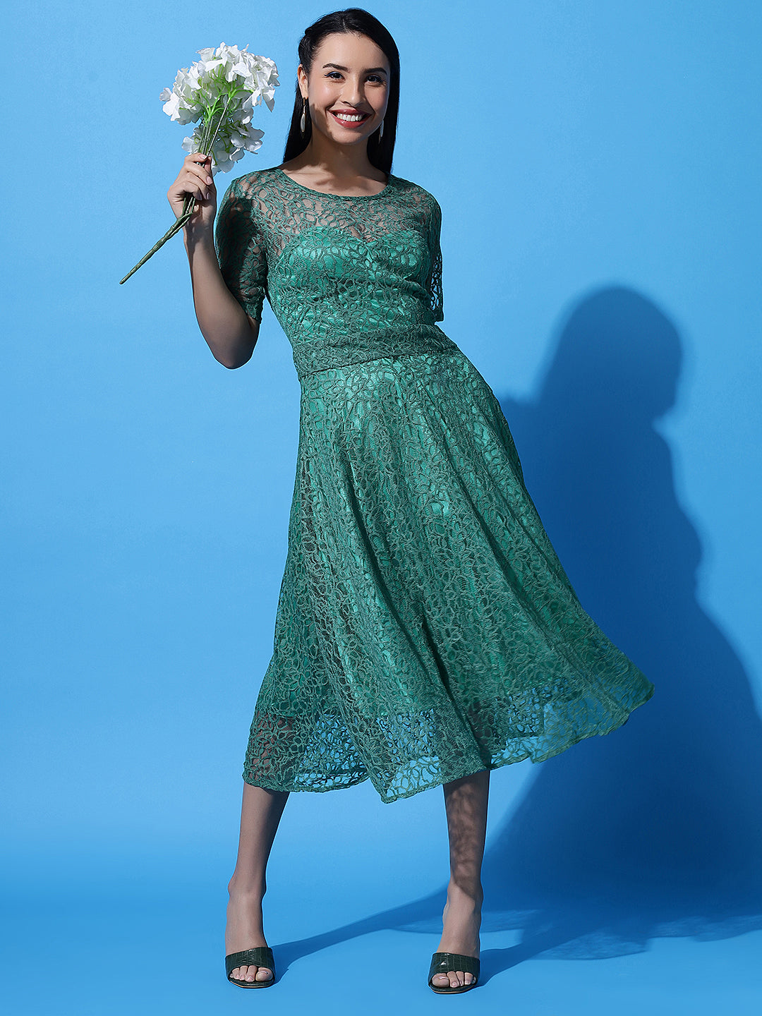 Green Lace Tea Length Party Dress