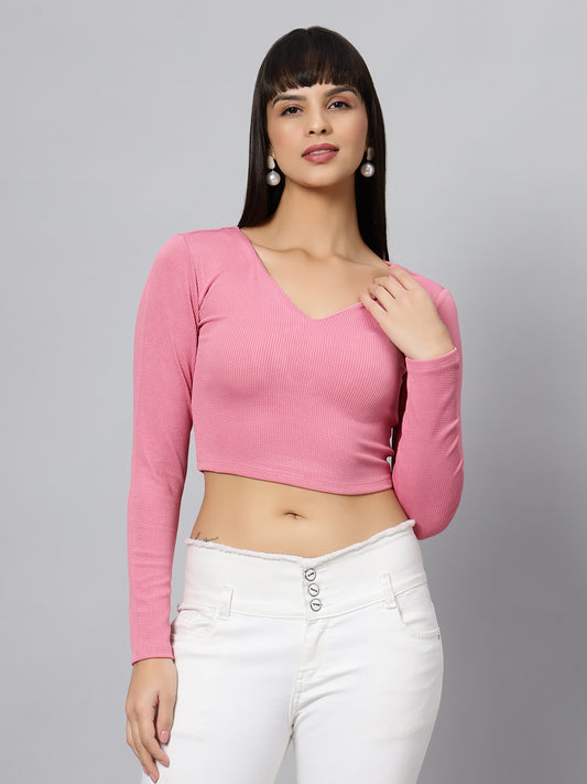 Pink Cris Cross Back Open V Neck Full Sleeve Crop Top