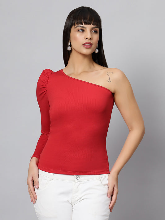 Red Elegant One Shoulder Cut Out Long Puff Sleeves Top