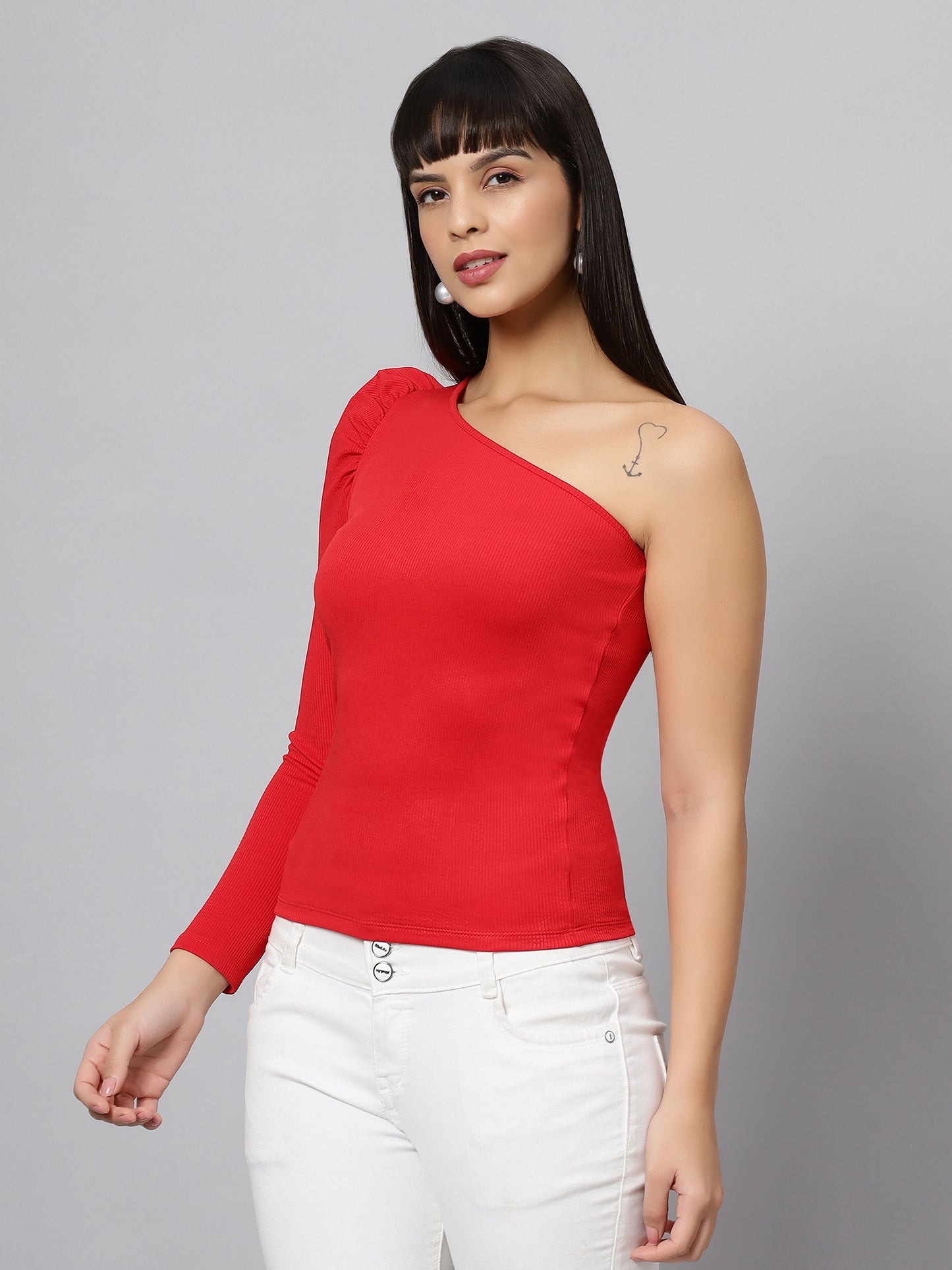 Red Elegant One Shoulder Cut Out Long Puff Sleeves Top