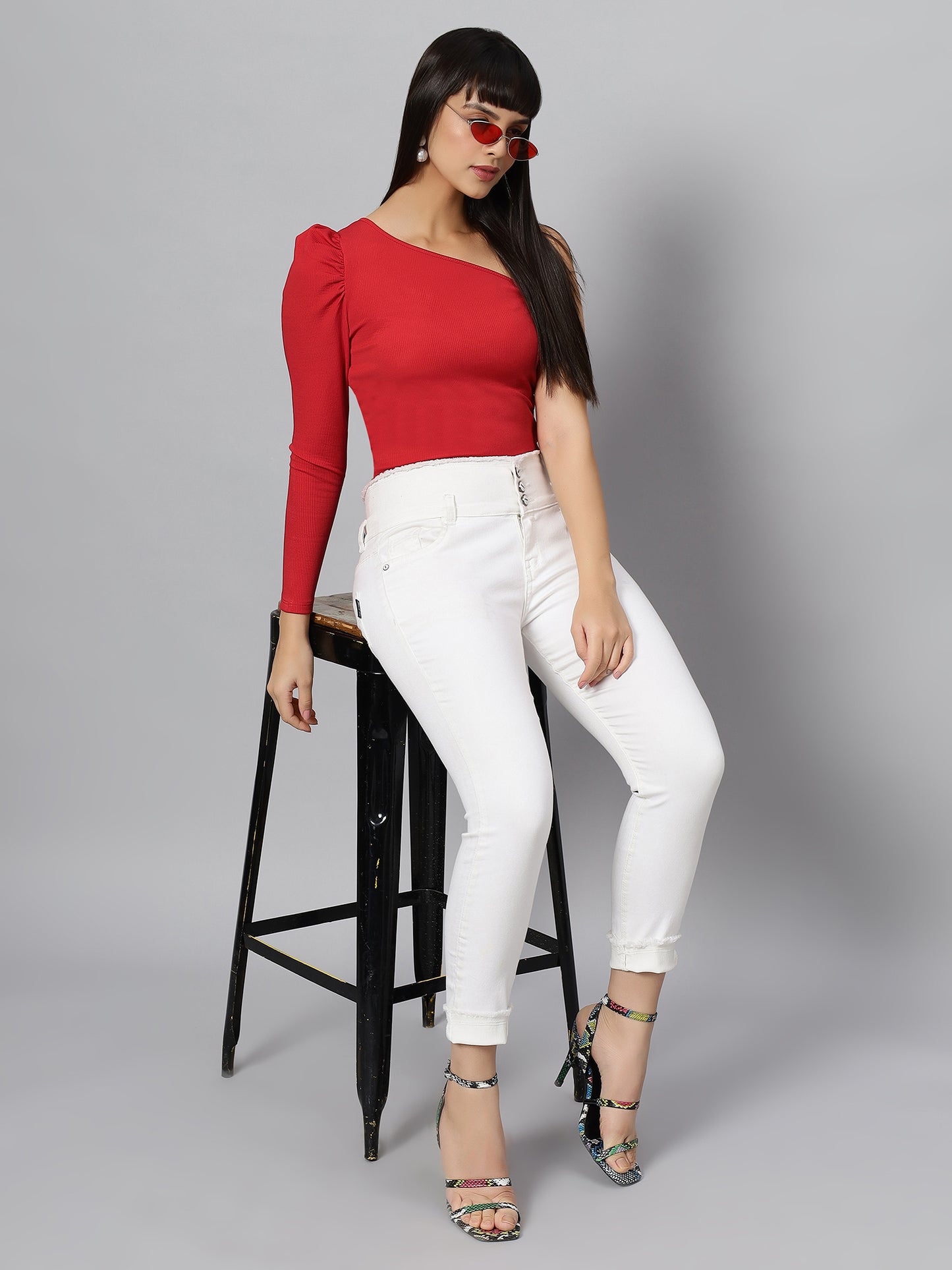 Red Elegant One Shoulder Cut Out Long Puff Sleeves Top