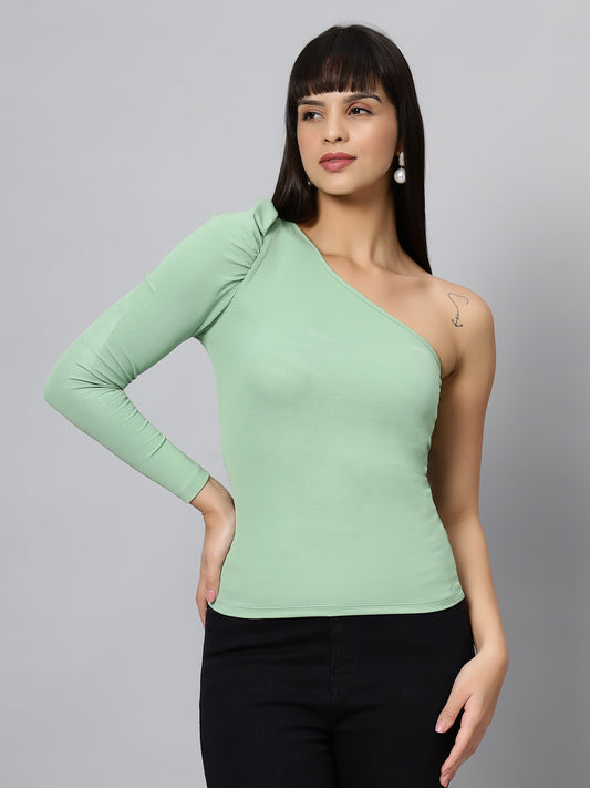 Pista Green Elegant One Shoulder Cut Out Long Puff Sleeves Top