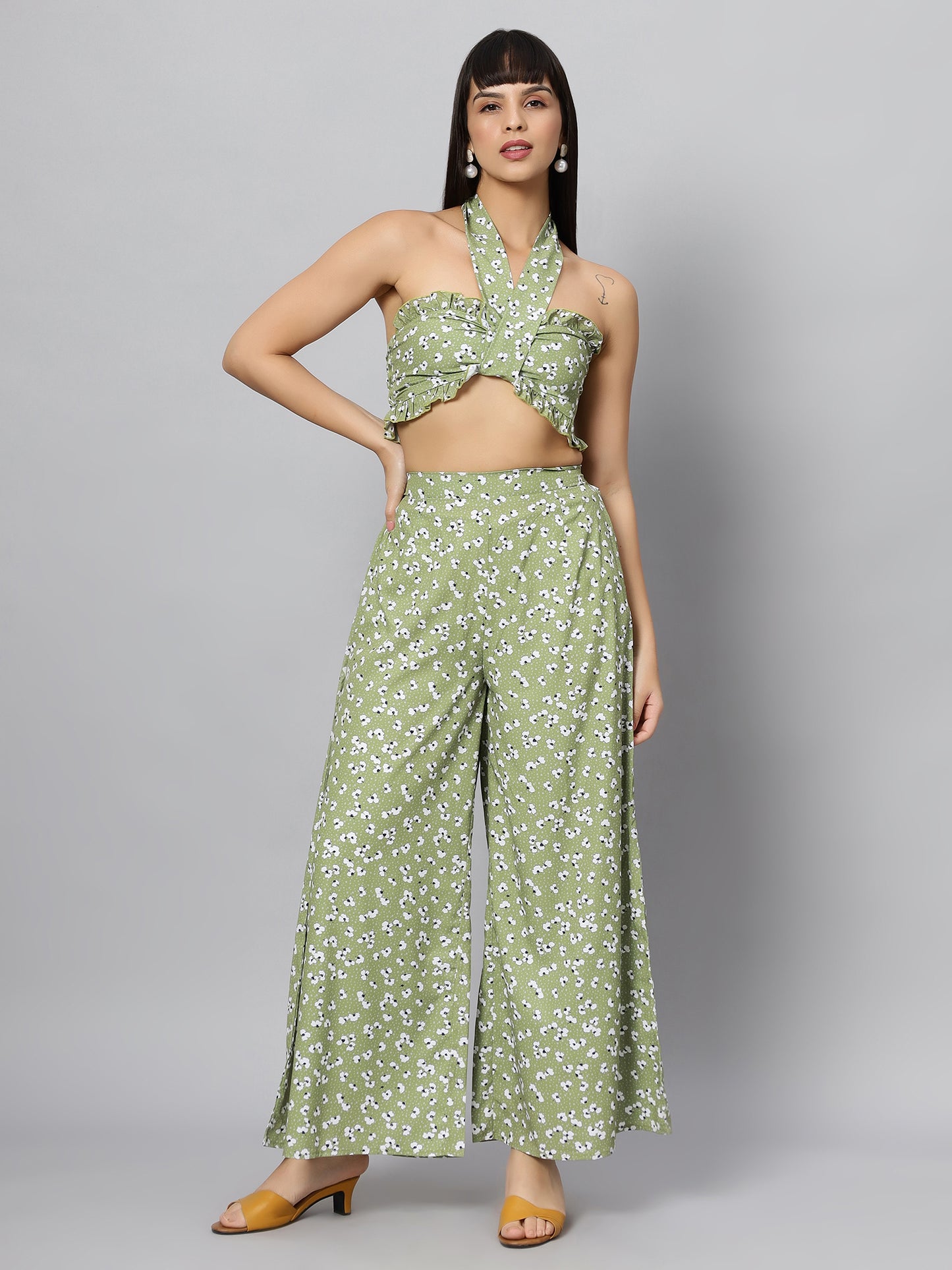 Green Floral Sleeve Less Co-ord Set