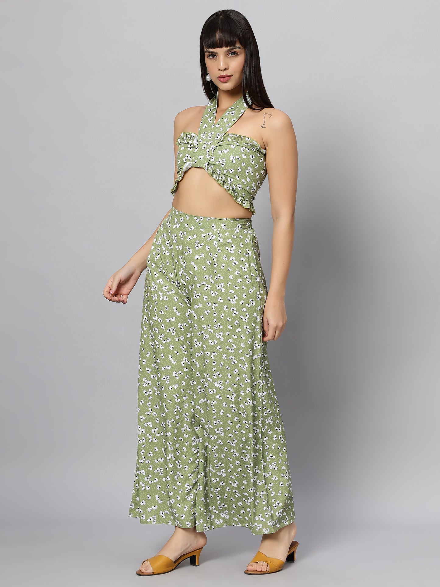 Green Floral Sleeve Less Co-ord Set