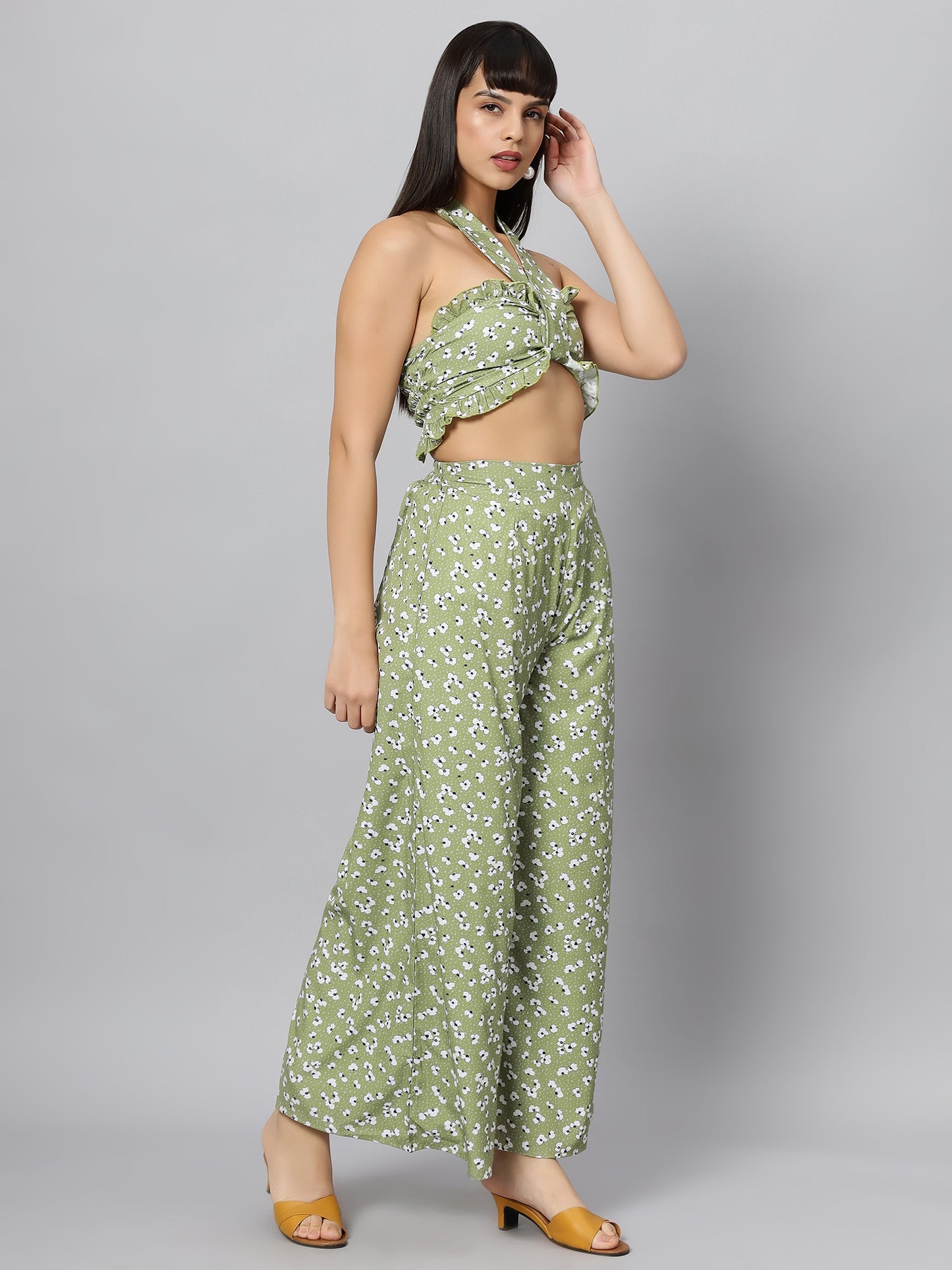 Green Floral Sleeve Less Co-ord Set