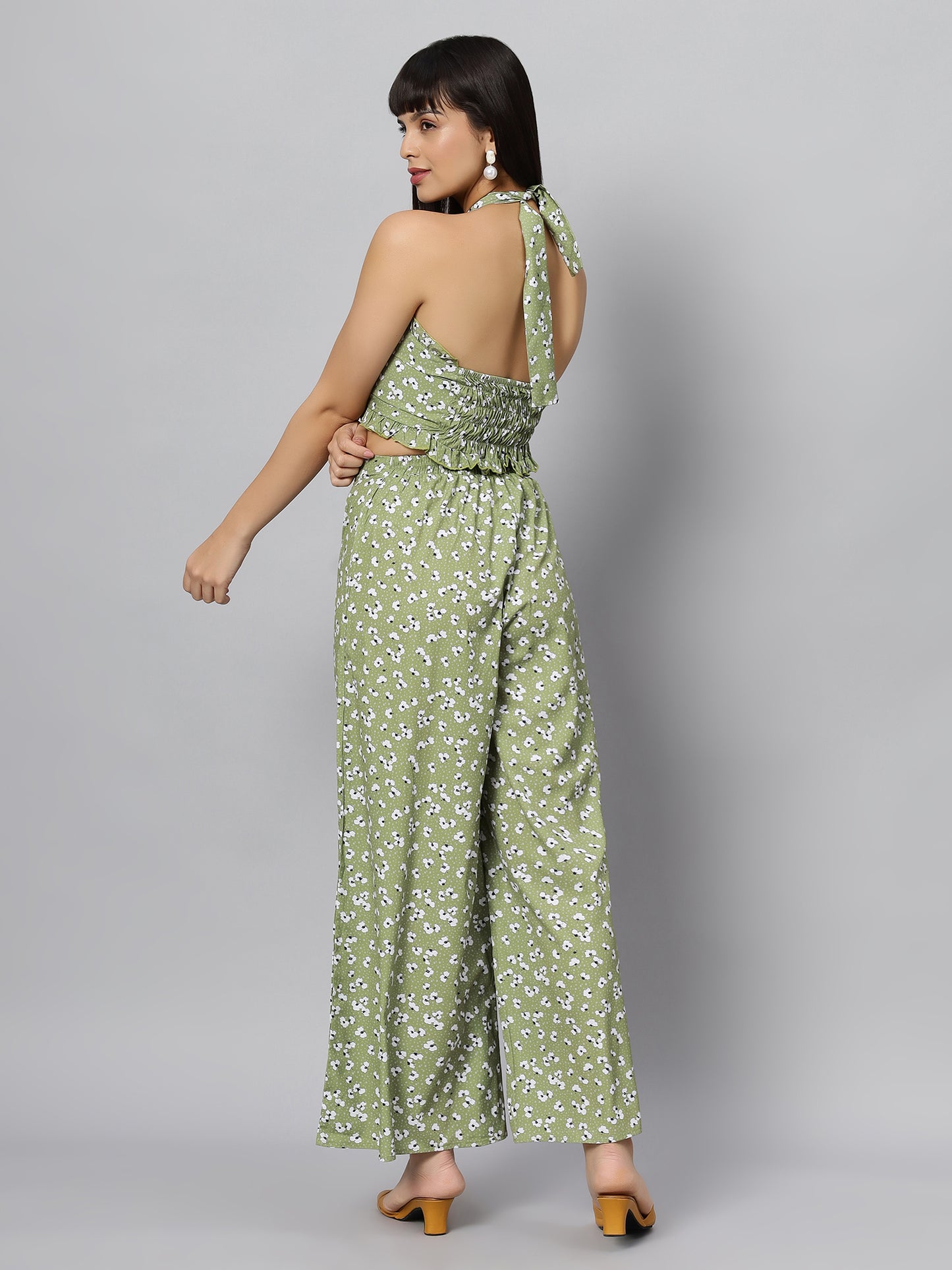 Green Floral Sleeve Less Co-ord Set