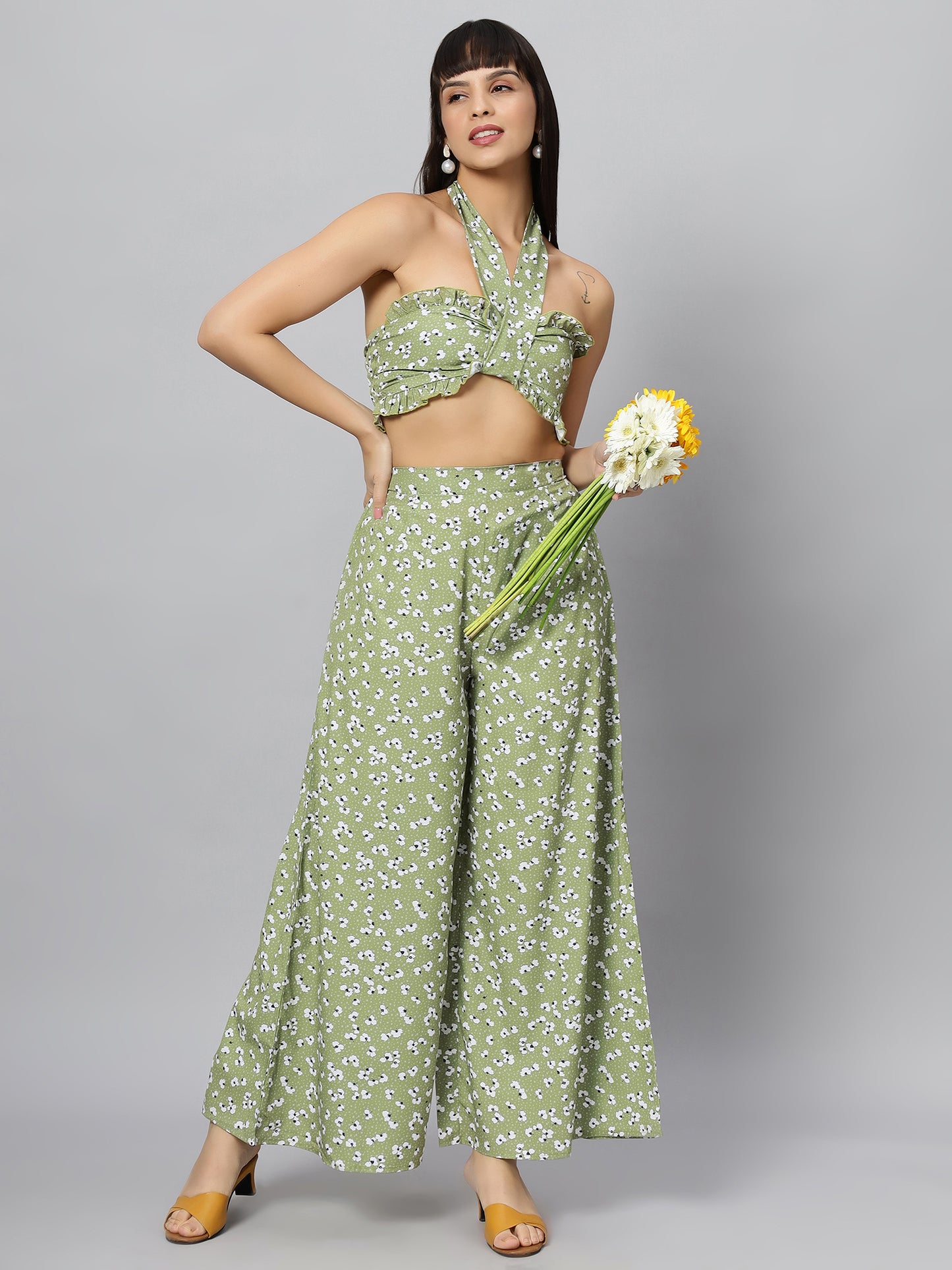 Green Floral Sleeve Less Co-ord Set