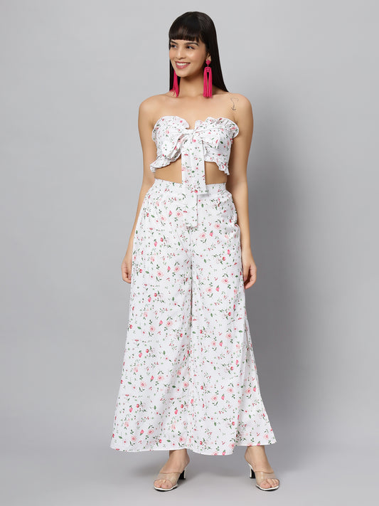 White Floral Sleeve Less Co-ord Set