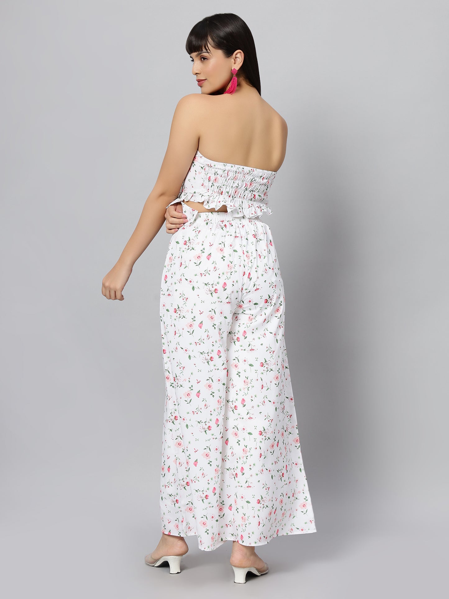White Floral Sleeve Less Co-ord Set