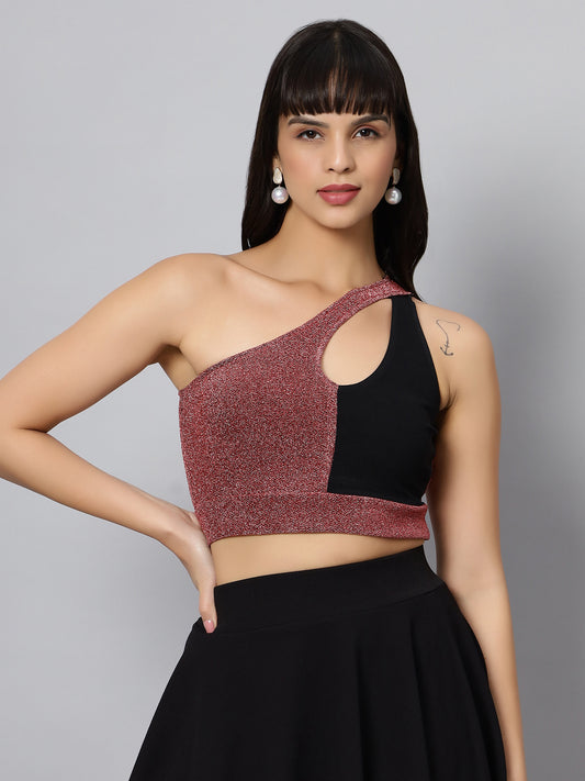 One Shoulder Sparkly Maroon Black Crop Top