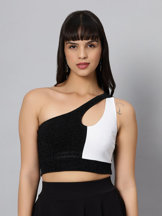 One Shoulder Sparkly White Black Crop Top