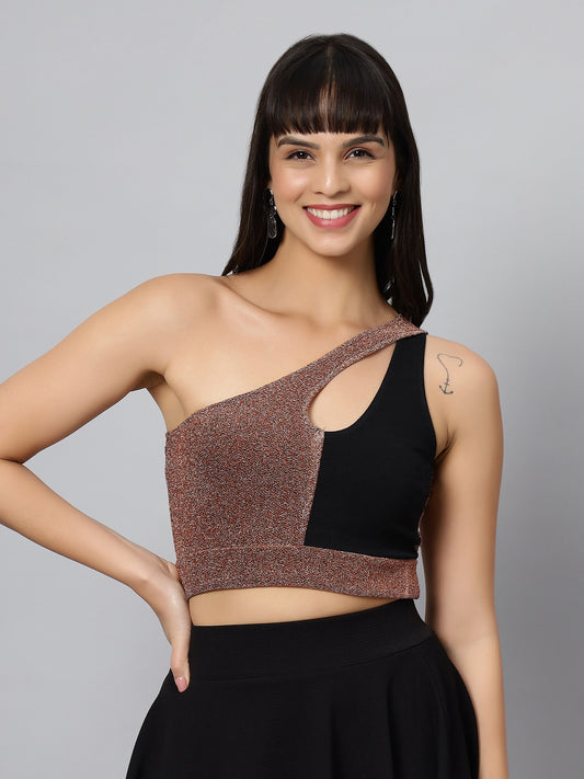 One Shoulder Sparkly Bronze Black Crop Top