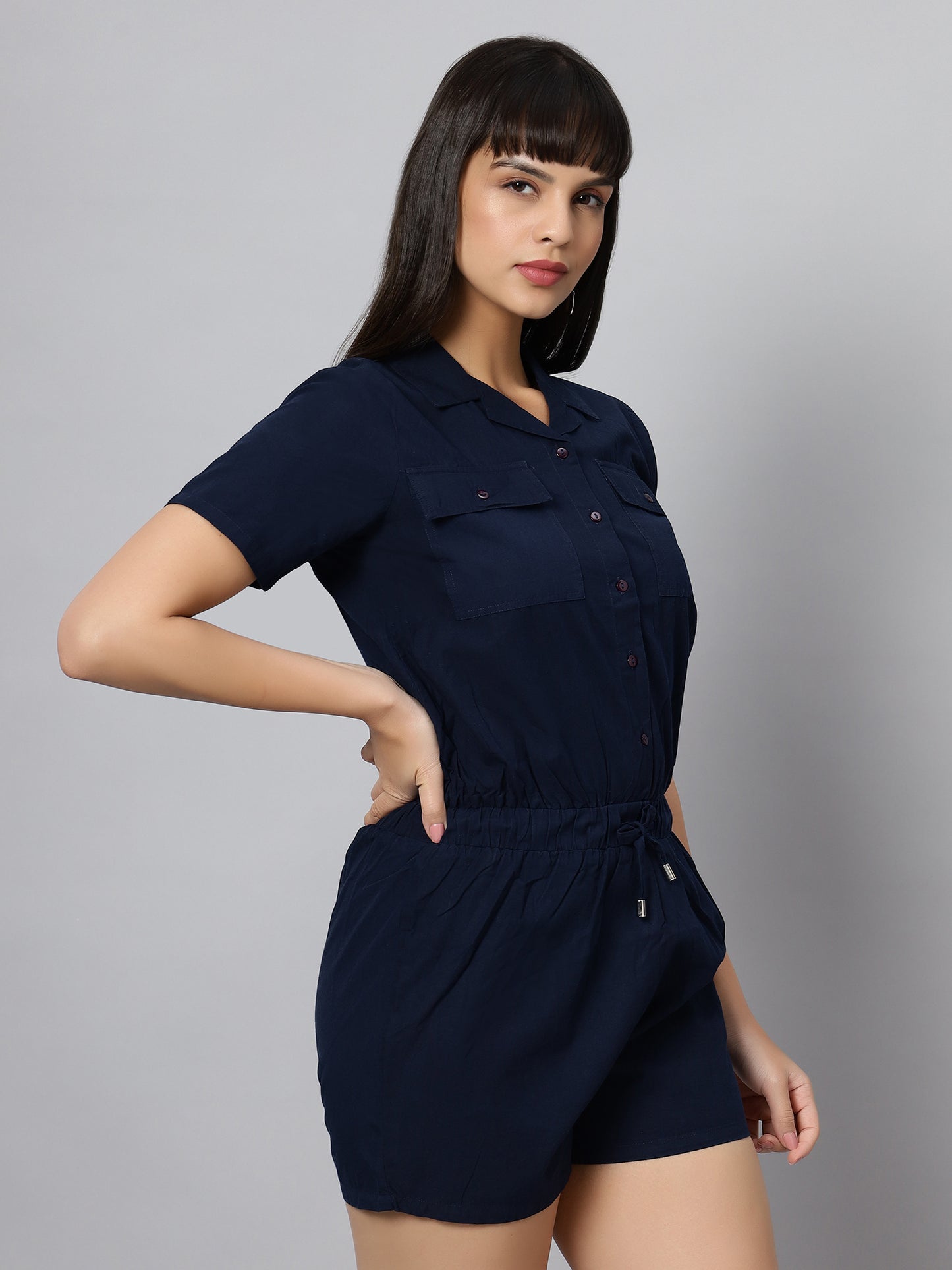 Navy Blue Short Sleeves Playsuit with Flap pockets