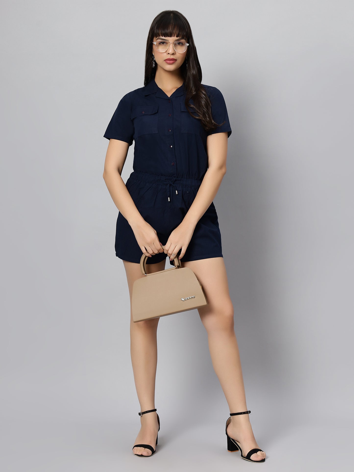 Navy Blue Short Sleeves Playsuit with Flap pockets