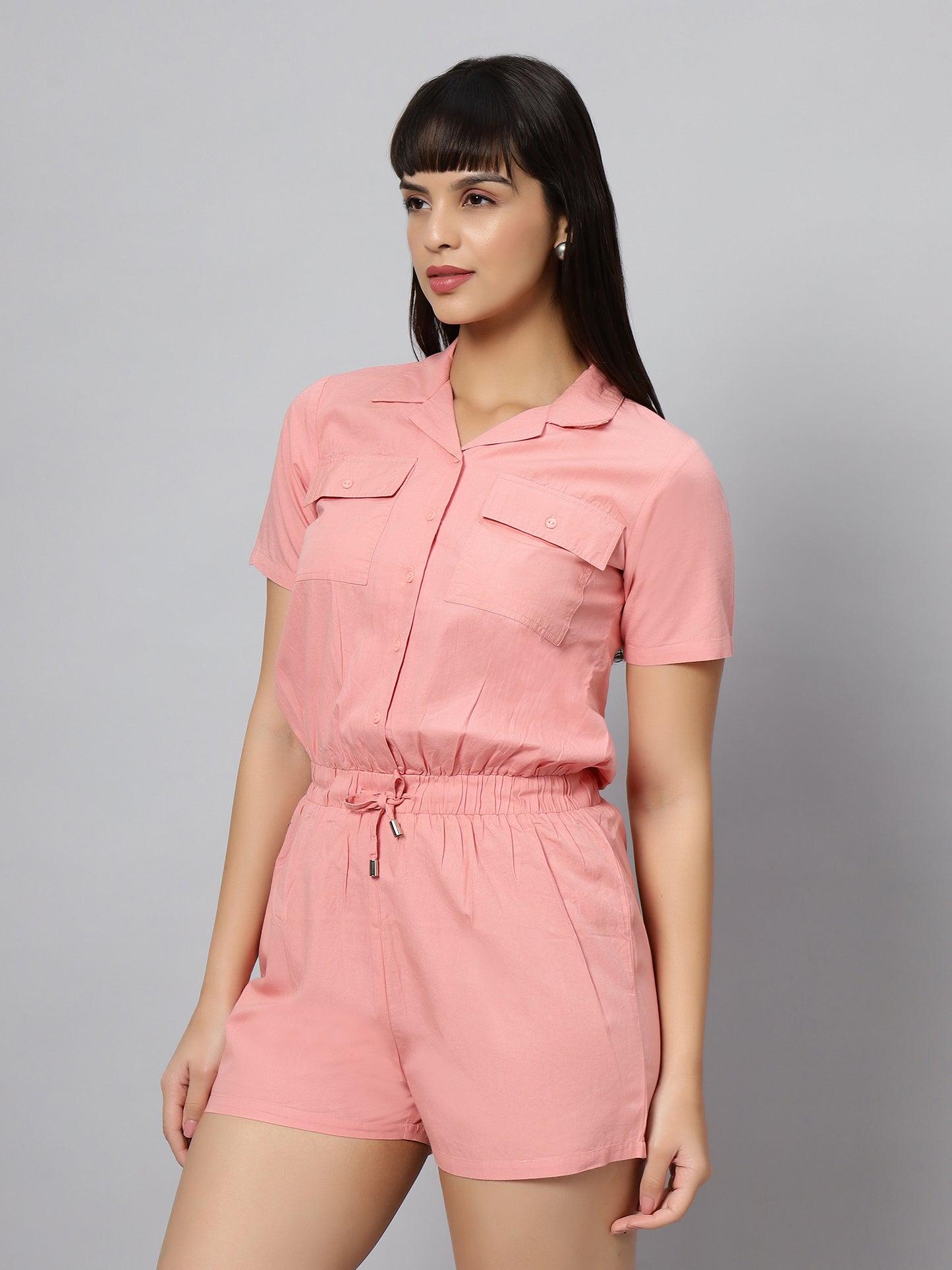 Peach Short Sleeves Playsuit with Flap pockets