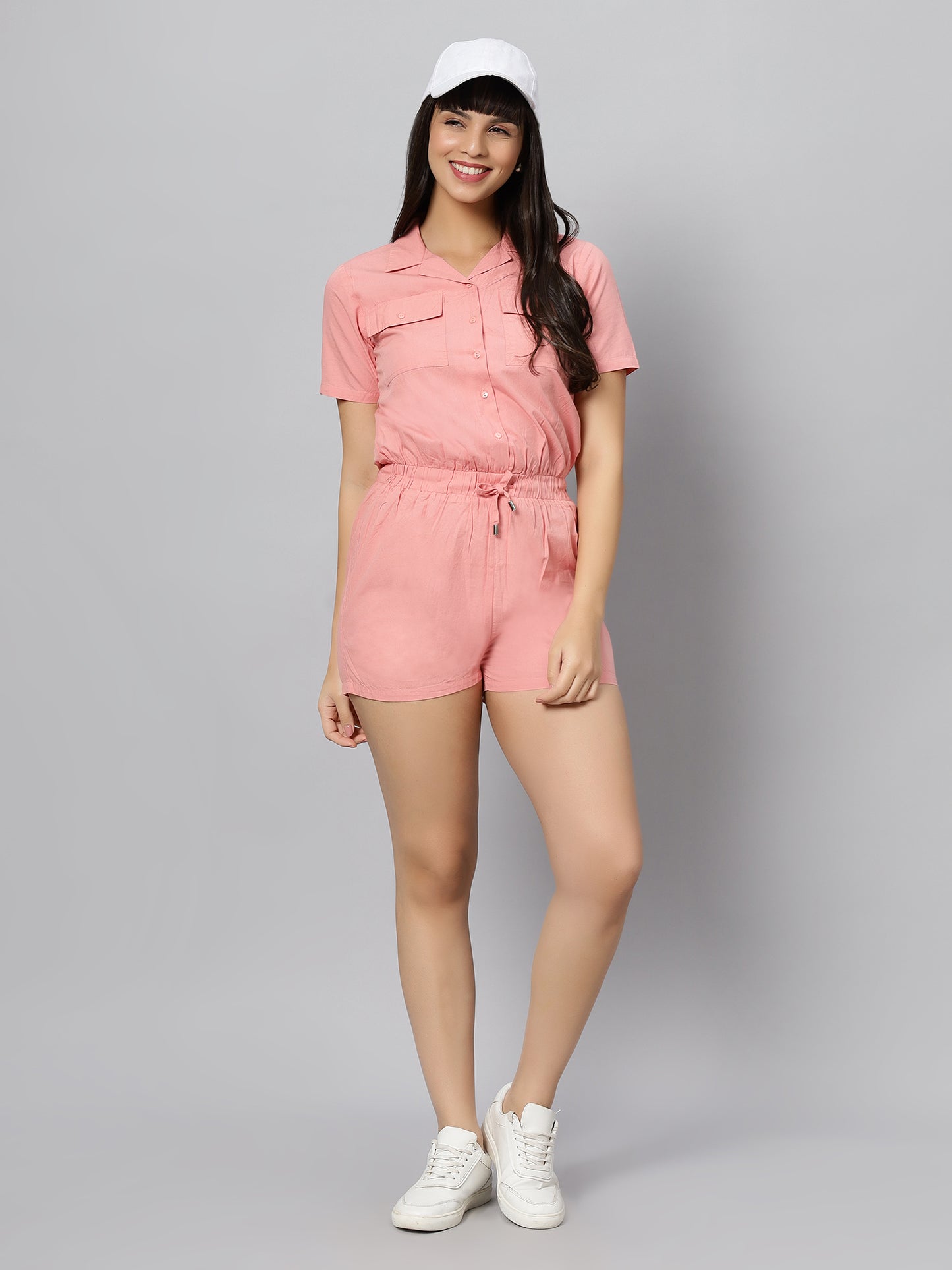 Peach Short Sleeves Playsuit with Flap pockets