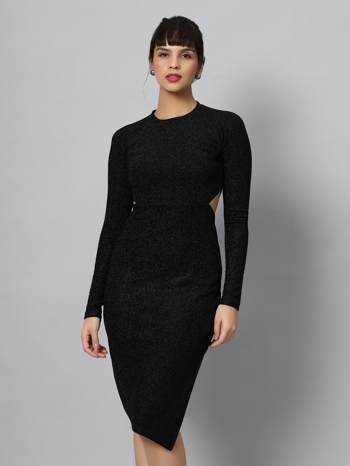 Black Raglan Sleeves Bling & Sparkly Cut-Out Party Dress