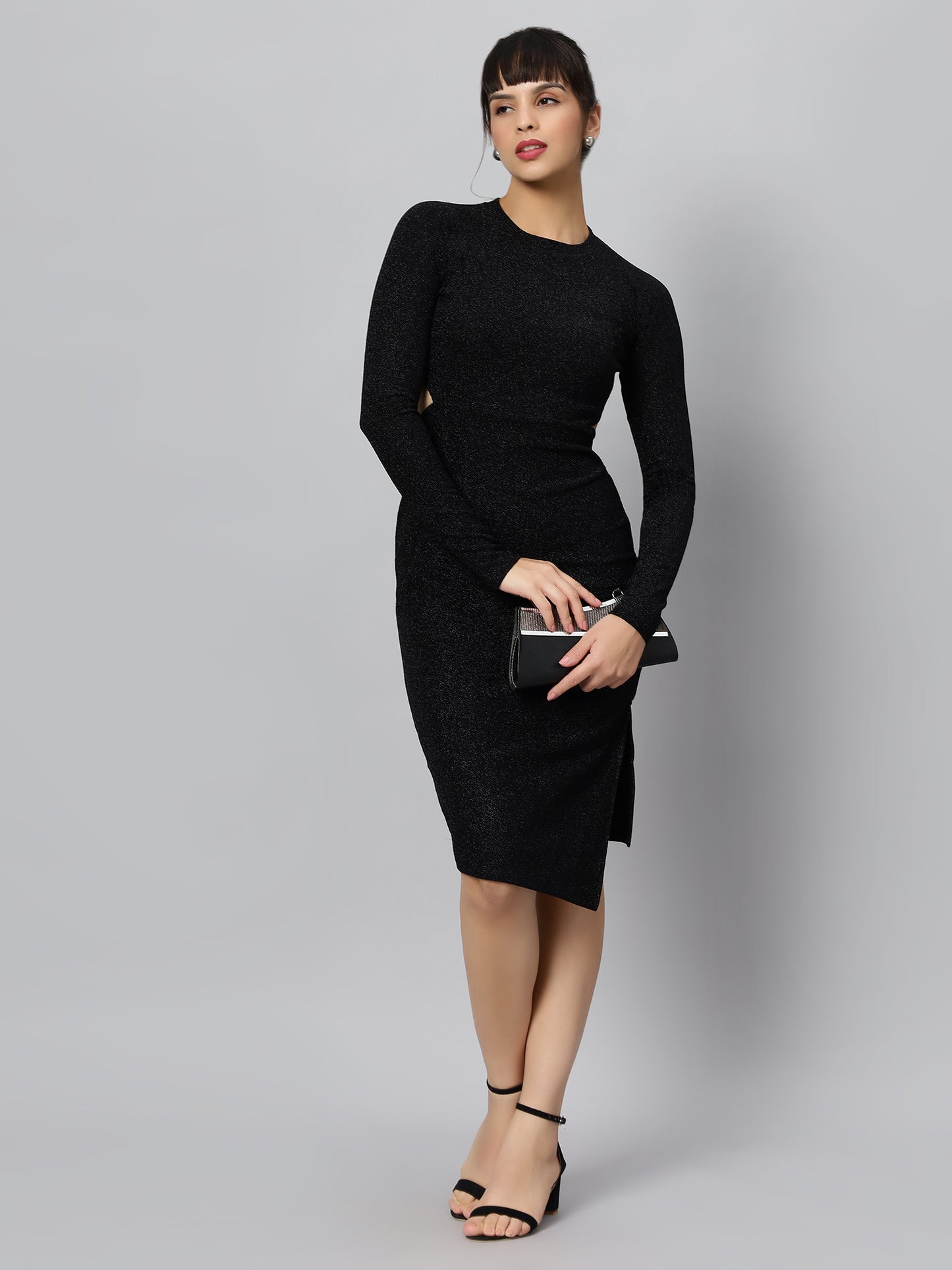 Black Raglan Sleeves Bling & Sparkly Cut-Out Party Dress