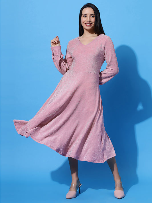 Disty Pink Long Sleeve Midi Tea Length Party Dress